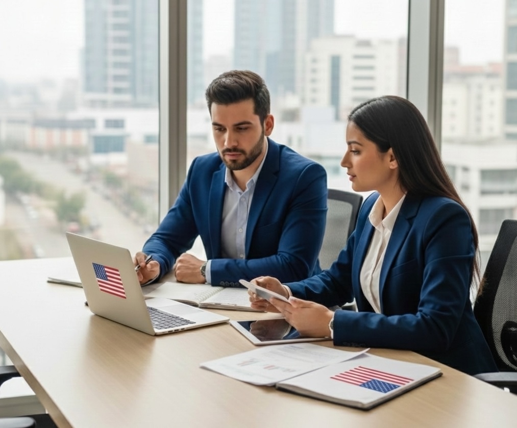 TAX PREPARATION SERVICES INC meeting with a tax client in the office